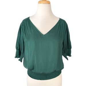 Catherine Malandrino Green V-Neck Short Sleeve Smocked Waist Blouse Size 10
